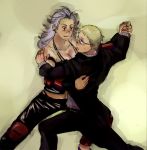  1girl blonde_hair blue_eyes breasts couple dancing dorohedoro formal glasses grey_hair height_difference holding_hands lipstick love midriff noi_(dorohedoro) red_eyes shin silver_hair smile stitches suit sweat tall 