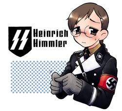  blush braid brown_hair bust character_name genderswap glasses gloves hayami_rasenjin heinrich_luitpold_himmler long_hair military military_uniform nazi politician polka_dot polka_dot_background short_hair sigrunen solo swastika sweatdrop uniform what world_war_ii wwii 