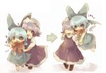  ? arrow bad_id blue_eyes blue_hair bow chibi cirno directional_arrow hair_bow holding_hands letty_whiterock masirosu multiple_girls purple_hair revision short_hair simple_background touhou wings 