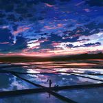  cloud clouds dog field highres original reflection rice_paddy scenery silhouette sky solo sunrise walking water 