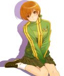  brown_eyes brown_hair hijiri_ruka jacket persona persona_4 satonaka_chie school_uniform short_hair skirt smiley_face track_jacket v_arms 