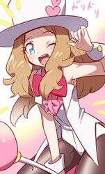  1girl ;d alternate_costume black_legwear blue_eyes bowtie brown_hair devanohundosi hat long_hair one_eye_closed open_mouth pantyhose pokemon pokemon_(anime) serena_(pokemon) sleeveless smile solo top_hat winking wrist_cuffs 