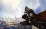  assassin&#039;s_creed_ii cape cityscape ezio_auditore_da_firenze gloves hood leap_of_faith rooftop scenery sky smile 