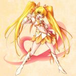  blonde_hair boots cure_sunshine hair_ribbon heart heart_of_string heartcatch_precure! izumo_(pixiv362913) long_hair magical_girl midriff myoudouin_itsuki navel orange_dress precure ribbon skirt solo twintails yellow yellow_background yellow_eyes 