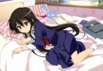  absurdres ahoge alastor alastor_(shakugan_no_shana) bed bed_sheet black_hair brown_eyes highres long_hair lying nyantype official_art on_side pillow school_uniform shakugan_no_shana shana socks solo stuffed_animal stuffed_toy very_long_hair 