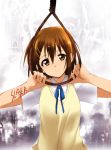  bleeding blood brown_eyes brown_hair cross hair_ornament hairclip hirasawa_yui k-on! kaiga neck_ribbon noose parody ribbon rope scar school_uniform self-mutilation short_hair skull slayer slayer_(band) smile stare sweater_vest 