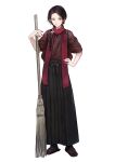  1boy alternate_costume broom brown_hair earrings full_body hakama hand_on_hip highres japanese_clothes jewelry kashuu_kiyomitsu kimono long_hair looking_at_viewer male_focus mole nail_polish official_art ponytail red_eyes red_nails red_scarf scarf simple_background solo standing sumika_(jikai) tabi touken_ranbu transparent_background unmoving_pattern zouri 