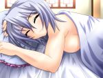  bed bed_sheet breasts closed_eyes kayuu koihime_musou lying nude pillow sideboob silver_hair smile yagami_(artist) 