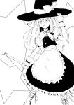 bad_id bamboo_broom boots braid broom cross-laced_footwear gloves hand_on_hat kirisame_marisa lace-up_boots long_hair monochrome nanashina open_mouth side_braid smile star touhou waist_apron 