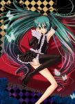  armpits bad_id butterfly checkered checkered_background chin_rest dress elbow_gloves frills gensui gloves green_eyes green_hair hatsune_miku legs loafers long_hair shoes single_thighhigh sitting solo thigh-highs thighhighs twintails very_long_hair vocaloid 