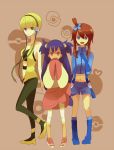  3girls black_pantyhose blonde_hair blue_eyes bob_cut boots brown_eyes cable dark_skin fuuro_(pokemon) gloves gym_leader hair_ornament hand_over_mouth headphones height_difference high_heels iris_(pokemon) kamitsure_(pokemon) leggings pantyhose poke_ball pokemon pokemon_(game) pokemon_black_and_white pokemon_bw purple_hair red_hair redhead shoes short_hair shorts suspenders twintails two_side_up vest yo_(toriyyyyy) 