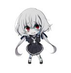  1girl bangs black_dress black_footwear black_sailor_collar blue_ribbon blush bobby_socks chibi commentary_request dress eyebrows_visible_through_hair full_body grey_hair grey_legwear hair_between_eyes hair_ribbon hands_on_own_cheeks hands_on_own_face hands_up highres konno_junko kuena long_hair looking_at_viewer low_twintails open_mouth pleated_dress red_eyes ribbon sailor_collar sailor_dress shoes simple_background socks solo standing stitches twintails very_long_hair wavy_mouth white_background zombie zombie_land_saga 