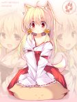  1girl ? ahoge animal_ears bell birthday blonde_hair blush cat chiri_(atlanta) collarbone dated detached_sleeves fox_ears fox_tail highres japanese_clothes jingle_bell long_hair off_shoulder open_mouth original projected_inset red_eyes solo tail v_arms wide_sleeves 