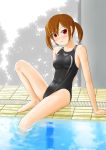  arm_support barefoot brown_hair competition_swimsuit feet_in_water one-piece_swimsuit original pool poolside red_eyes short_hair soaking_feet solo submerged swimsuit tk4 twintails water 