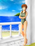  bare_shoulders barefoot breasts brown_eyes brown_hair crossed_arms gertrud_barkhorn hair_ribbon highres nitouhensankakkei ocean one-piece_swimsuit ribbon solo strike_witches swimsuit twintails 