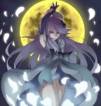  blue_rose bow cure_moonlight dress elbow_gloves flower full_moon gloves grin hair_flower hair_ornament heartcatch_precure! highres jonasan long_hair magical_girl moon night outstretched_arms petals precure purple_eyes purple_hair rose smile solo tsukikage_yuri very_long_hair violet_eyes wrist_cuffs 