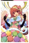  absurdres artist_request breasts cake candy character_request cleavage elbow_gloves food food_as_clothes from_below girl&#039;s_avenue girl's_avenue gloves highres jar konpeitou long_hair looking_down macaron megami open_mouth red_eyes red_hair redhead series_request 