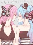  blue_hair bow butterfly_hair_ornament closed_eyes hair_ornament hat hatsune_miku magnet_(vocaloid) megurine_luka mini_top_hat multiple_girls musical_note open_mouth pink_hair ruka_(angelicmymelody) singing top_hat twintails vocaloid yuri 