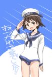 brown_hair hat highres miyafuji_yoshika sailor sailor_uniform salute school_swimsuit short_hair strike_witches swimsuit swimsuit_under_clothes vt 
