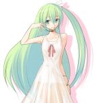  alternate_hairstyle dress green_eyes green_hair hatsune_miku headset long_hair okaka project_diva project_diva_2nd see-through side_ponytail simple_background solo thigh_gap very_long_hair vocaloid 