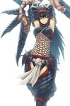  armor armpits arms_up baggy_pants bare_shoulders blue_eyes blue_hair breasts capcom elbow_gloves fishnets gloves guchico hairband highres long_hair midriff molze monster_hunter nargacuga_(armor) naruga_(armor) navel smile solo sword weapon 