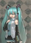  aqua_eyes aqua_hair aro_(charged_time_out) bad_id bare_shoulders checkered checkered_background colored_eyelashes detached_sleeves eyelashes face hatsune_miku headphones headset long_hair necktie shiny shiny_clothes skirt solo thigh-highs thighhighs twintails very_long_hair vocaloid 