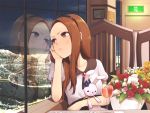  1girl blush brown_eyes brown_hair chin_rest dress flower glass hairband hitoto idolmaster long_hair looking_away minase_iori reflection solo stuffed_toy table 