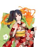  cat character_request cherry_blossoms fire floral_print flower head_tilt japanese_clothes kimono masato_(pixiv) red_eyes 