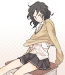  1girl amagami belly_button black_hair face messy_hair navel peg school_uniform short_hair skirt smile solo sweater tanamachi_kaoru undressing 