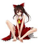  bare_shoulders barefoot bow brown_hair din_(artist) din_(flypaper) feet hair_bow hakurei_reimu long_hair mouth_hold pocky red_eyes sleeveless solo touhou 