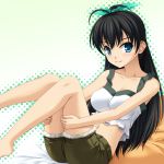  black_hair blue_eyes crop_top fujimiya_yuu ganaha_hibiki halftone halftone_background highres idolmaster leg_hug long_hair midriff navel shorts sitting smile solo tank_top 