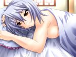  bed_sheet breasts kayuu koihime_musou looking_at_viewer lying naked_sheet nude pillow red_eyes sideboob silver_hair smile under_covers yagami_(artist) yagami_(mukage) 