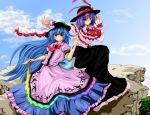 blue_hair blush bow food frills fruit hat hinanawi_tenshi long_hair long_skirt multiple_girls nagae_iku nature peach purple_hair red_eyes ribbon shawl short_hair sitting skirt solo sword sword_of_hisou touhou weapon