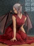  demon_girl grey_hair highres horns nozet obi original robe seiza sitting solo wings yellow_eyes 