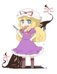  blonde_hair blue_eyes boots chibi dress elbow_gloves fan folding_fan gap gloves hair_ribbon hat inishie melting ribbon solo touhou yakumo_yukari 