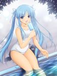 blue_hair collarbone fuji-tan hair_ribbon highres long_hair looking_at_viewer mount_fuji one-piece_swimsuit personification pool poolside popsicle ribbon school_swimsuit smile solo submerged swimsuit twintails wet white_school_swimsuit yoshimura_kentaro 