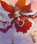  adapted_costume alternate_costume anklet bow brown_eyes brown_hair detached_sleeves embellished_costume fingerless_gloves flower gloves gohei hair_bow hair_flower hair_ornament hair_tubes hakurei_reimu highres jewelry large_bow long_hair necklace pinzu sky solo touhou 