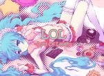  absurdres blue_hair bowtie bra cake candy chocolate cupcake food frills halftone hatsune_miku highres jelly_bean legs lilithbloody lingerie long_hair lots_of_laugh_(vocaloid) lying panties sweets thigh-highs thighhighs twintails underwear very_long_hair vocaloid wrist_cuffs 