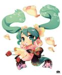  blush bow candy chibi fish flat_chest floating_hair flower goldfish green_eyes green_hair hair_flower hair_ornament hatsune_miku japanese_clothes kimono lollipop long_hair neko_sakana obi open_mouth platform_footwear platform_shoes sandals scoks simple_background socks solo twintails very_long_hair vocaloid yukata 