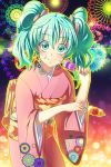  :t aerial_fireworks bad_id dango eating face fireworks food green_eyes green_hair hair_up hatsune_miku japanese_clothes kaminary night obi short_twintails smile solo stare twintails vocaloid wagashi 