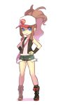  baseball_cap boots brown_hair denim denim_shorts hat nagisa_kurousagi pokemon pokemon_(game) pokemon_bw ponytail shorts simple_background smile touko_(pokemon) vest wristband 
