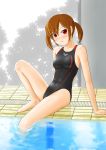  arm_support barefoot brown_hair competition_swimsuit feet_in_water one-piece_swimsuit original pool poolside red_eyes short_hair soaking_feet solo submerged swimsuit tk4 twintails water 