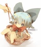  :&lt; bad_id barefoot blue_eyes blue_hair bow chibi chopsticks cirno cup dress hair_bow in_container in_cup masirosu minigirl short_hair solo touhou wings 