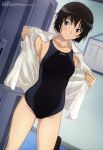  amagami black_eyes black_hair blush competition_swimsuit highres megami nanasaki_ai official_art one-piece_swimsuit short_hair solo swimsuit towel umetsu_yukinori undressing 