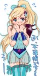  blonde_hair blue_eyes blush cosplay earrings embarrassed final_fantasy final_fantasy_iv final_fantasy_iv_the_after jewelry leonora long_hair lowres ponytail porom porom_(cosplay) see-through solo thigh-highs thighhighs translation_request wavy_mouth 