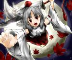  bad_id detached_sleeves fangs fingernails full_moon grey_hair hat highres inubashiri_momiji leaf long_fingernails moon red_eyes short_hair silver_hair sword tail tokin_hat touhou weapon white_hair wolf_ears wolf_tail yunipora 