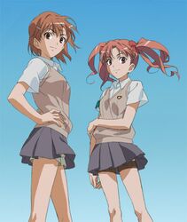  brown_hair from_below garters long_hair misaka_mikoto mochizuki_(wakadori) school_uniform shirai_kuroko short_hair shorts sweater_vest to_aru_kagaku_no_railgun to_aru_majutsu_no_index twintails 