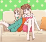  amano_ichigo amano_natsume bad_id bi_ru couch leg_hug multiple_girls pillor pillow polka_dot simple_background sitting yumeiro_patissiere 