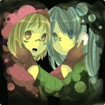  blue_eyes gloves green_hair gumi hand_on_another's_face hand_on_face hatsune_miku headphones highres hoodie long_hair maimu_(polka) matryoshka_(vocaloid) multiple_girls open_mouth purple_eyes short_hair violet_eyes vocaloid 