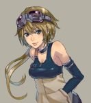  blue_eyes breasts cleavage goggles goggles_on_head hands_in_pockets long_hair original ponytail smile solo tanuki_koubou 